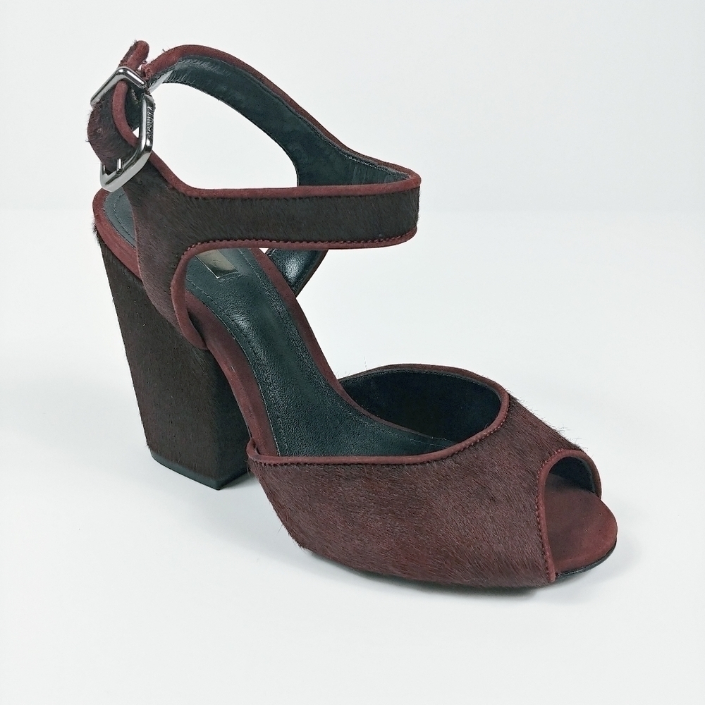 Schutz Peep Toe Pony‎ Hair Chunky Block Heel Size 6 Ankle Strap Burgundy